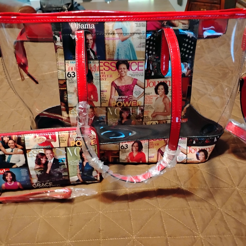 Transparent Magazine Print Tote Bag Set with Red Accents